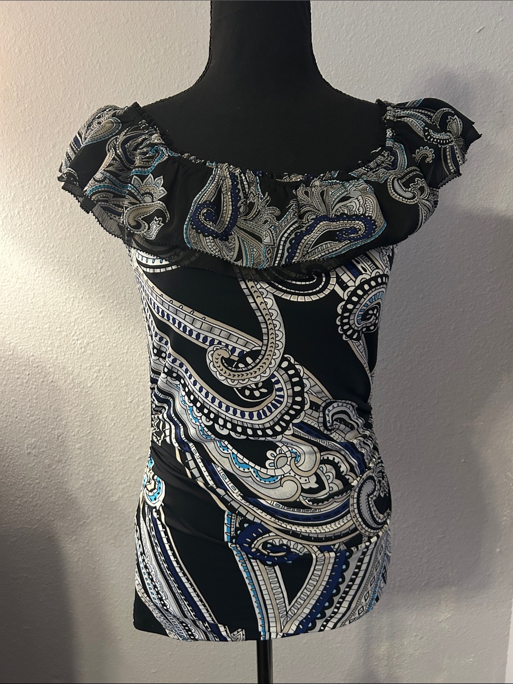 WHBM Women Off-Shoulder Black Paisley Print Top Size Extra